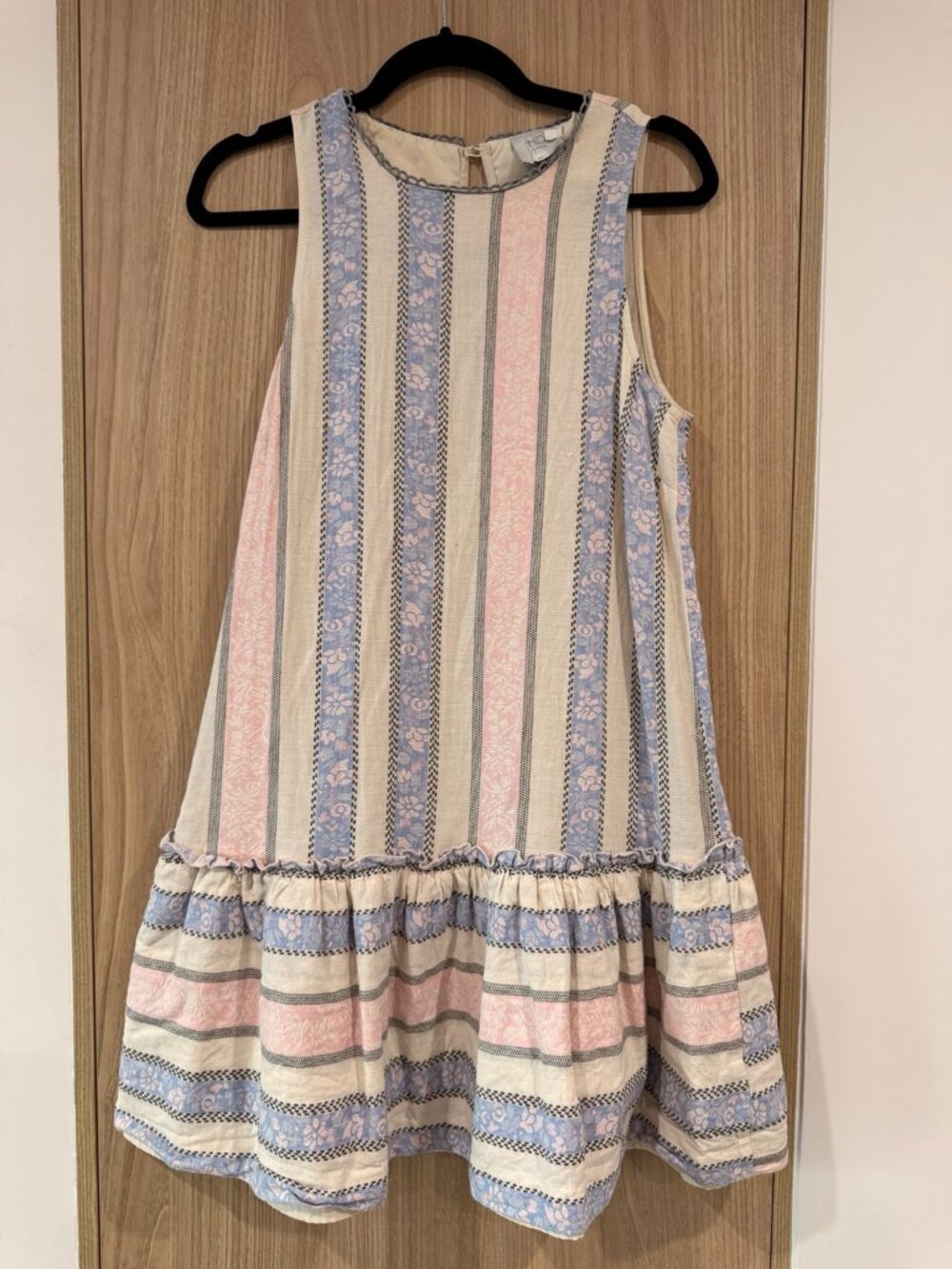 HD in Paris Anthropologie Cotton Linen Stripe Floral Ruffle Hem Dress